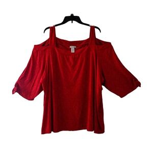 CATHERINES Cold Shoulder Off Shoulder Top Womens‎ 5X Crochet Square Neck Red